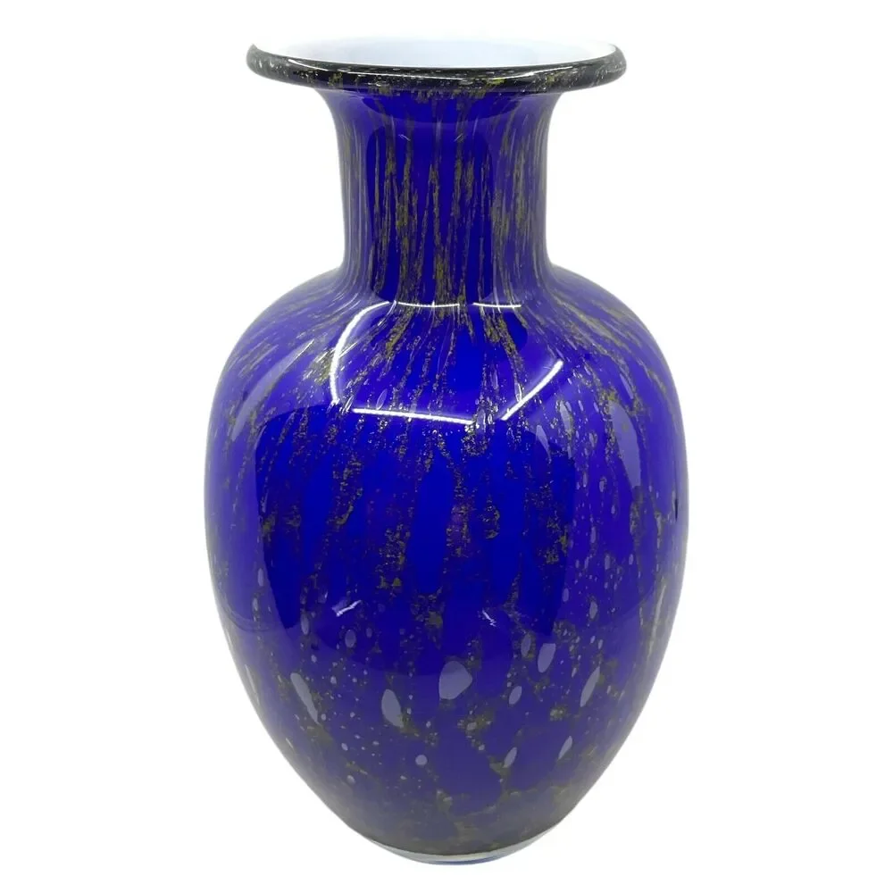 Murano Style‎ Vase Cobalt Blue Gold Infused Art Glass 10 inch